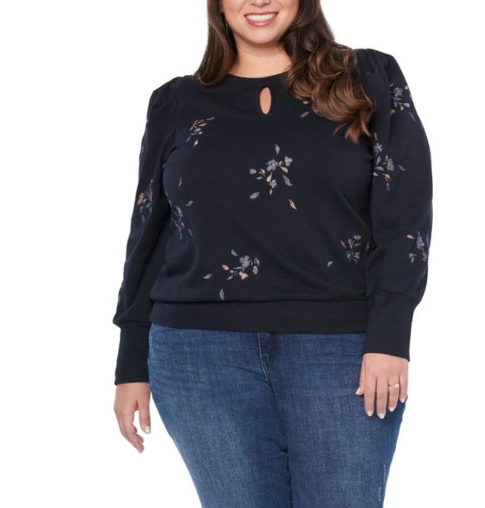 Wit & Wisdom Womens Floral Embroidered Sweatshirt Size 3X Dark Blue Shirred